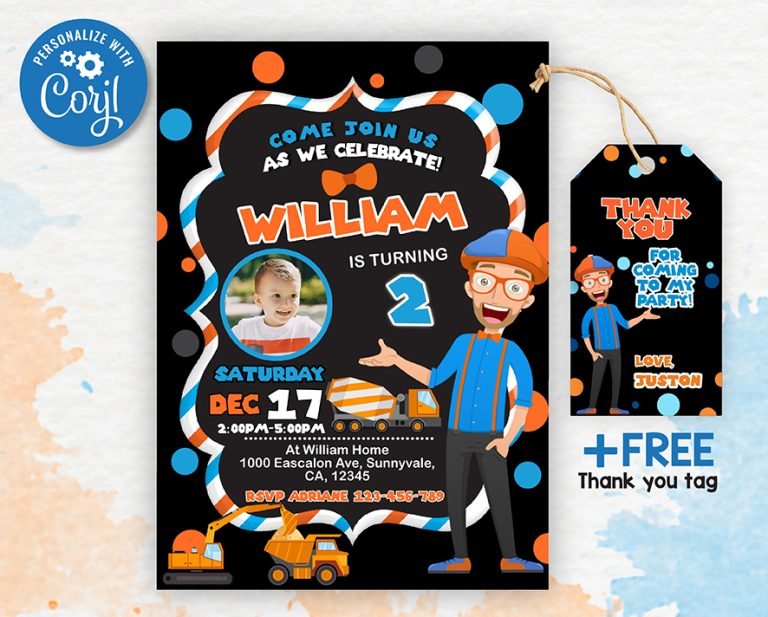 Blippi Birthday Party Invitation Free Thank You Tag Editable