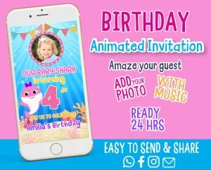 Baby Shark Birthday Video Invitation for Girls – Pink Shark Animated Party Invite