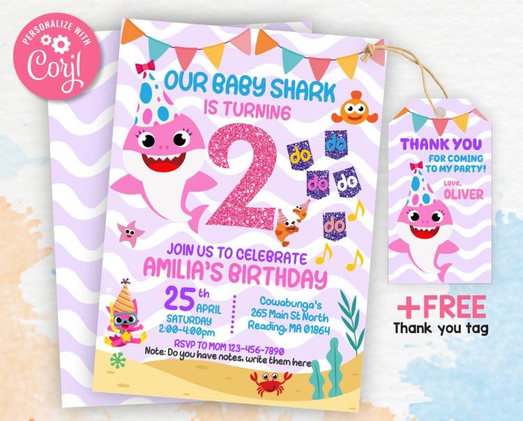 Baby Shark Birthday Invitation Template, Editable, Printable, Instant Download, Free Tag