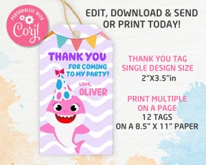Baby Shark Thank you tags, Thank you gifts Template, Editable, Printable, Instant Download