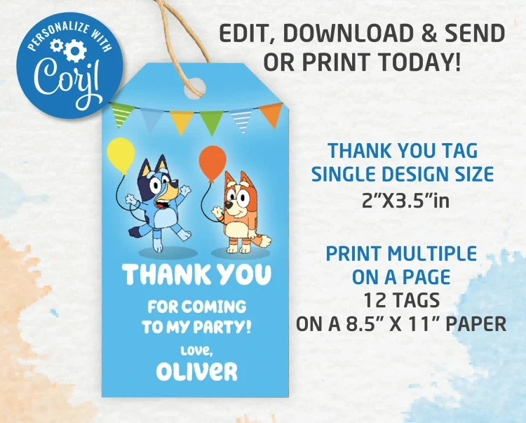 Bluey Birthday Party Invitation Free Thank You Tag Editable 
