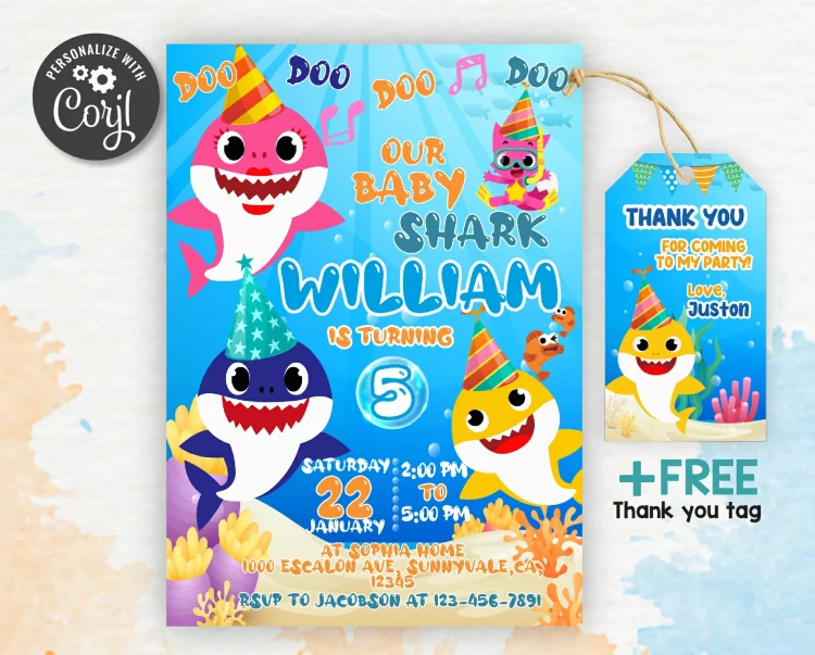 Baby Shark Birthday Invitation Template For Girl | Editable | Printable ...