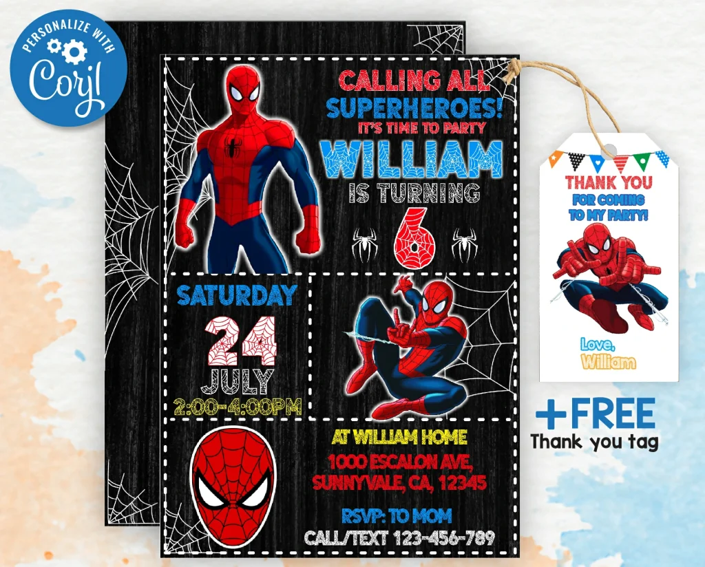 Spiderman Birthday Party Invitation | Free thank you tag | Editable ...