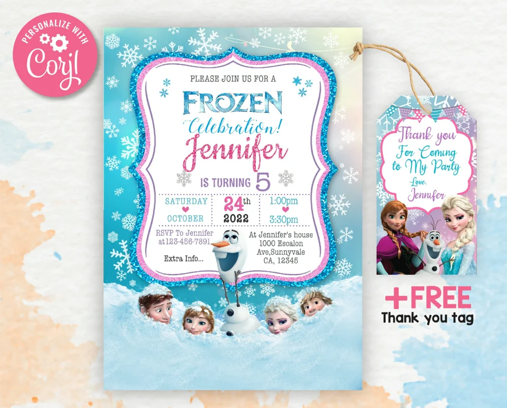 Frozen Birthday Party Invitation | Free thank you tag | Editable ...