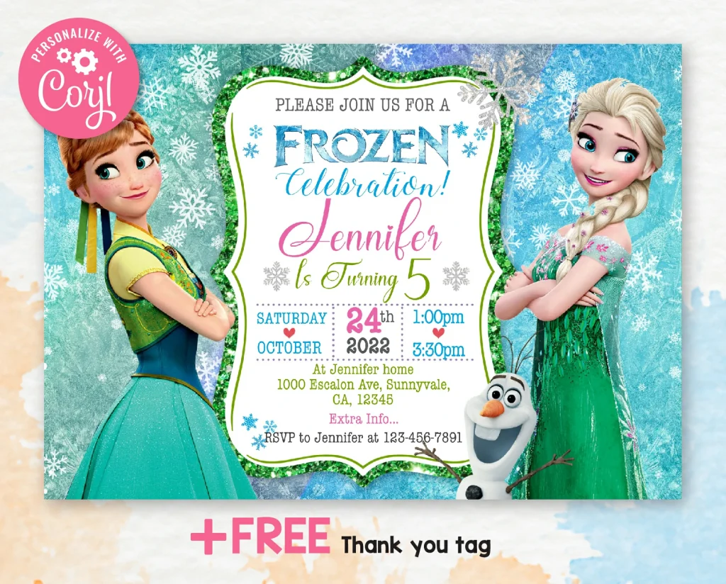 Frozen Birthday Party Invitation | Free thank you tag | Editable ...