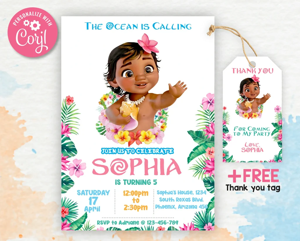 Moana Birthday Party Invitation | Free thank you tag | Editable ...