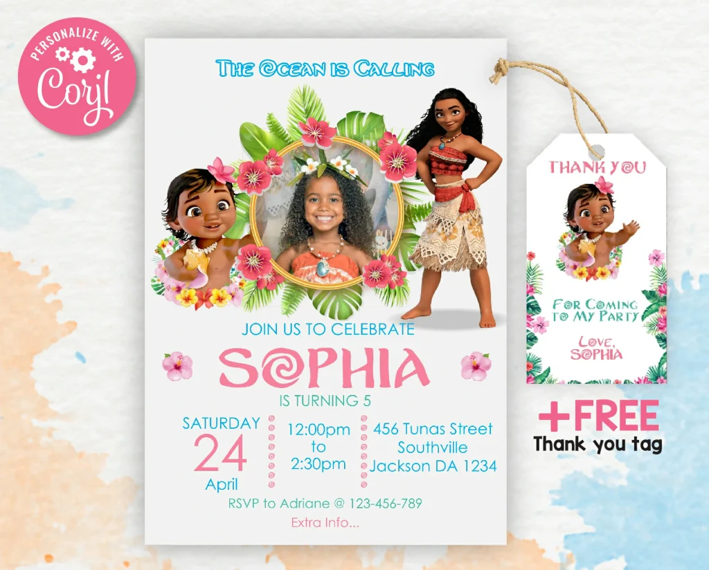 Moana Birthday Party Invitation | Free thank you tag | Editable ...