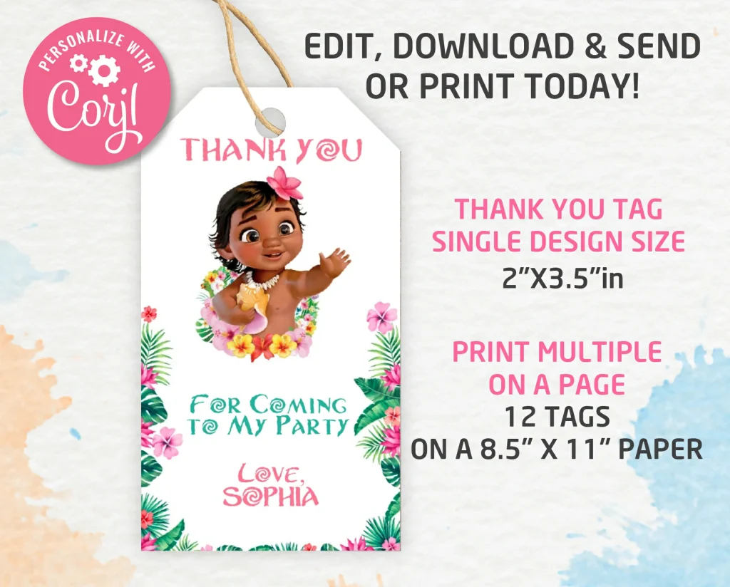 Moana Thank you tags, Moana Thank you gifts Template, Editable ...