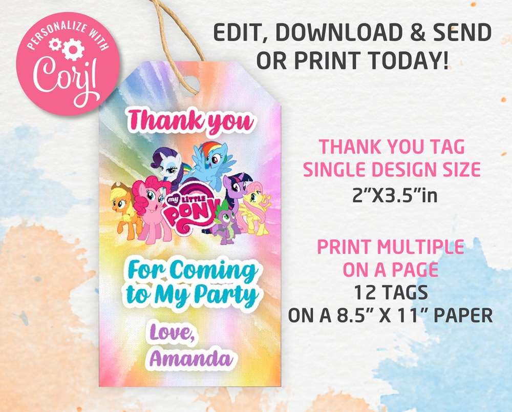 My Little Pony Thank you tags, Thank you gifts Template, Editable ...