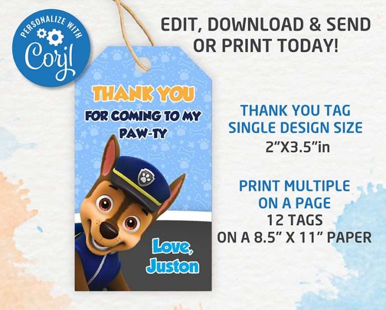Paw Patrol Thank you tags, Thank you gifts Template, Editable ...