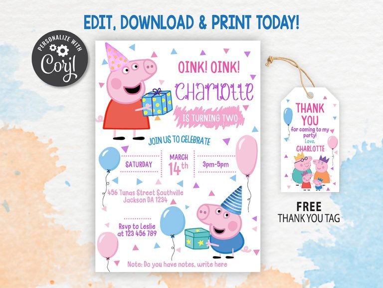 Peppa Pig Birthday Party Invitation | Free thank you tag | Editable ...