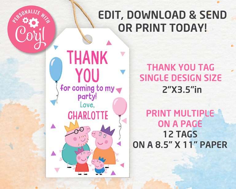 Peppa Pig Thank you tags, Thank you gifts Template, Editable, Printable ...