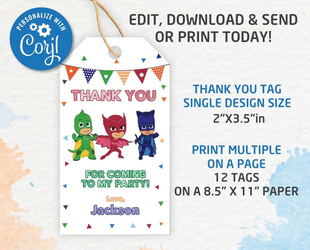 PJ Masks Thank you tags, Thank you gifts Template, Editable, Printable ...