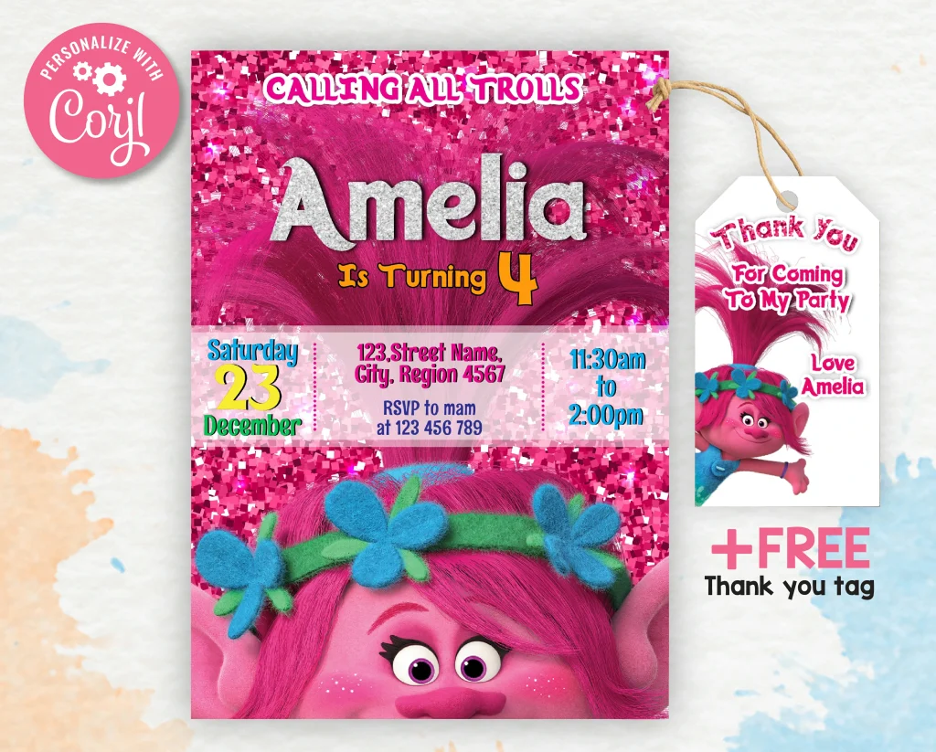 Trolls Birthday Party Invitation | Free thank you tag | Editable ...