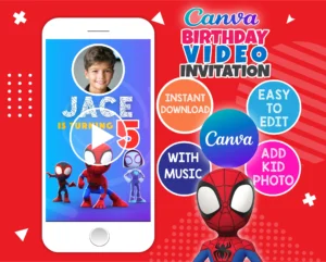 Spidey and His Amazing Friends birthday video invitation – editable Canva template with animated superhero theme