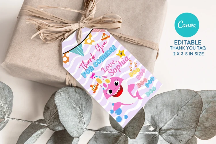 Pink Baby Shark birthday invitation for girls – editable Canva template for ocean-themed kids’ parties.