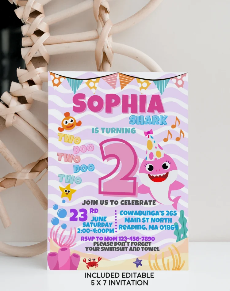 Pink Baby Shark birthday invitation for girls – editable Canva template for ocean-themed kids’ parties.