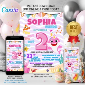 Pink Baby Shark birthday invitation for girls – editable Canva template for ocean-themed kids’ parties.
