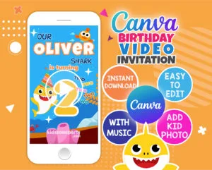 Animated Baby Shark birthday video invitation with pink and blue underwater theme – Canva editable template