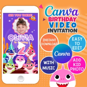 Pink Baby Shark animated birthday invitation video – editable Canva template for girl party