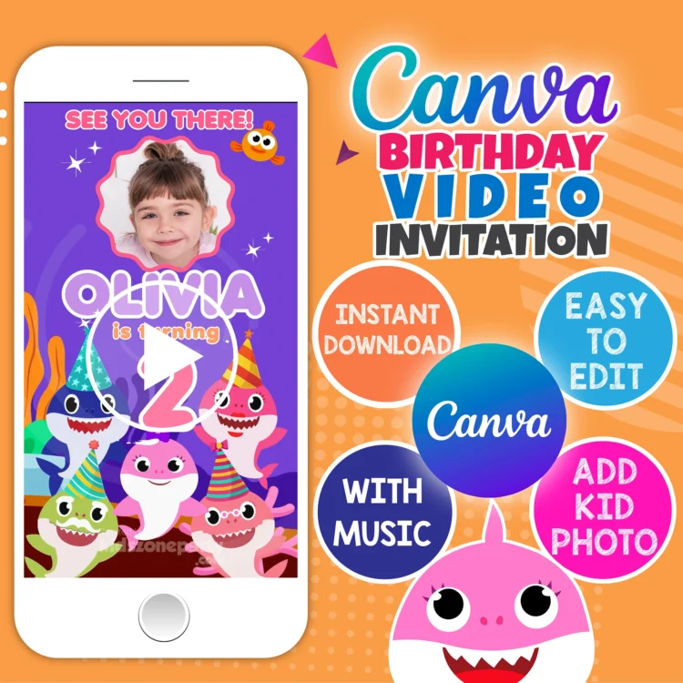 Pink Baby Shark animated birthday invitation video – editable Canva template for girl party