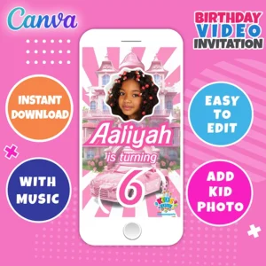 Barbie dark skin birthday video invitation – editable Canva animated template