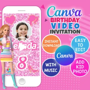 Barbie animated birthday video invitation – editable Canva template in pink theme