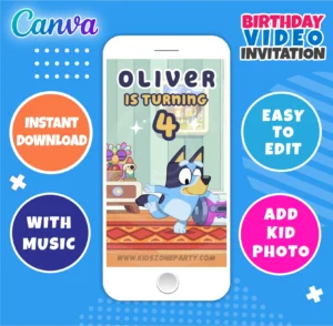 Bluey animated birthday video invitation – editable Canva template for kids party