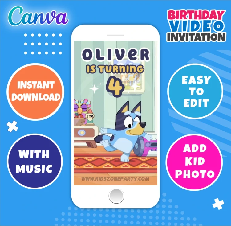Bluey animated birthday video invitation – editable Canva template for kids party