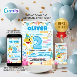 Baby Shark Birthday Invitation | Editable Canva Template | Instant Download