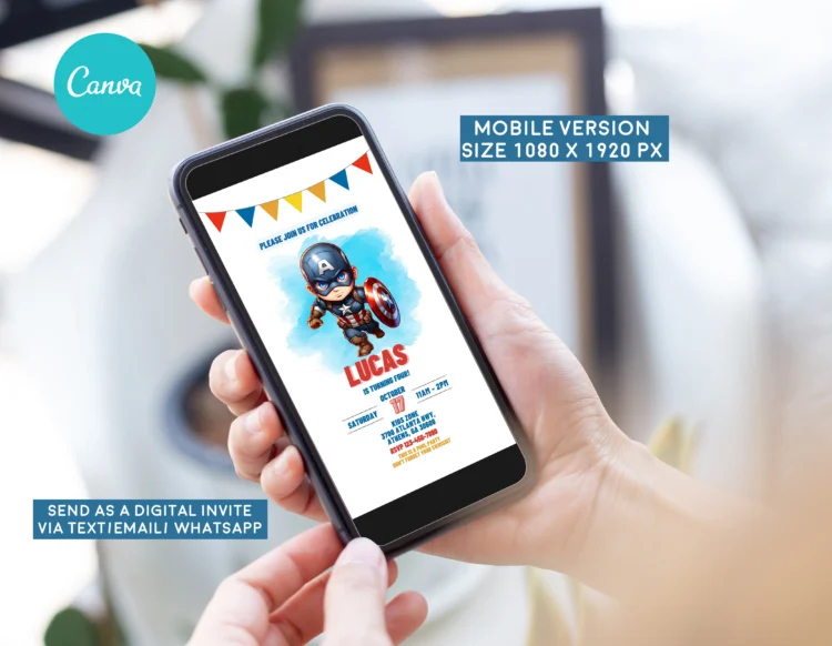 Captain America birthday invitation card for kids – editable Canva template in comic book style, perfect for superhero-themed parties.