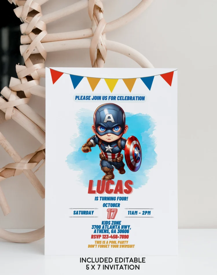 Captain America birthday invitation card for kids – editable Canva template in comic book style, perfect for superhero-themed parties.