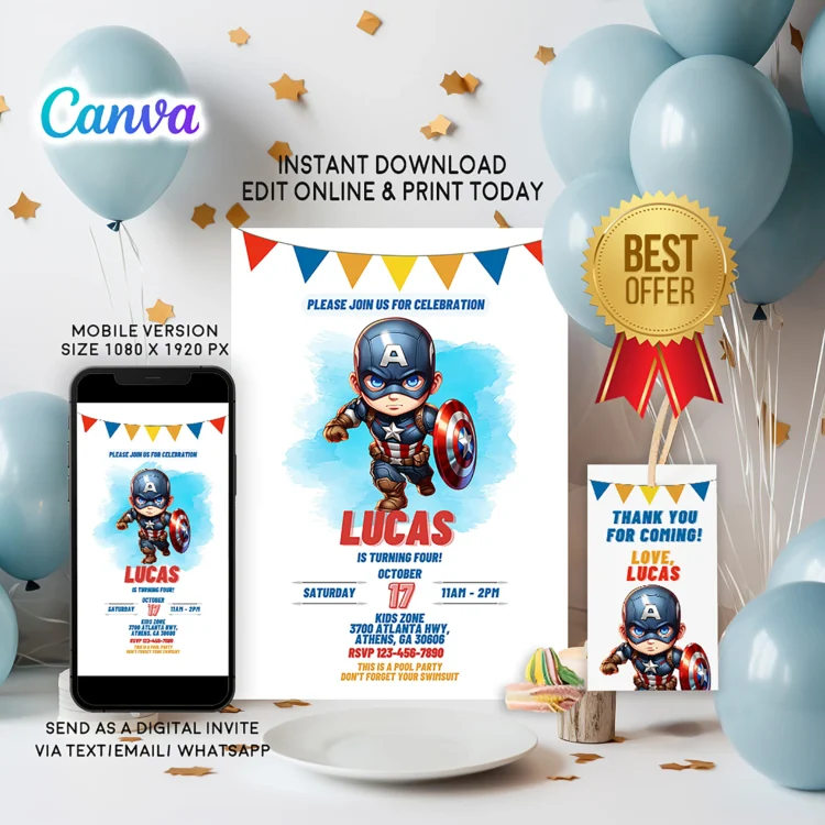 Captain America birthday invitation card for kids – editable Canva template in comic book style, perfect for superhero-themed parties.