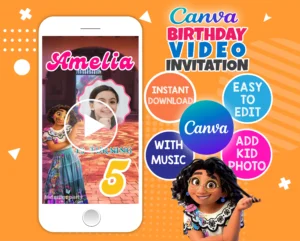 Encanto birthday invitation template featuring Mirabel – editable Canva design for kids’ parties.