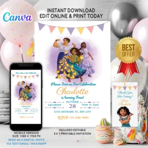 Encanto birthday invitation for kids – editable Canva template with magical, floral design inspired by Mirabel.