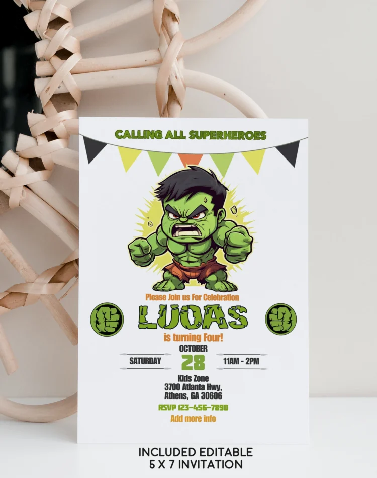 Editable Hulk birthday invitation template for boys – green superhero Canva design for kids’ party.