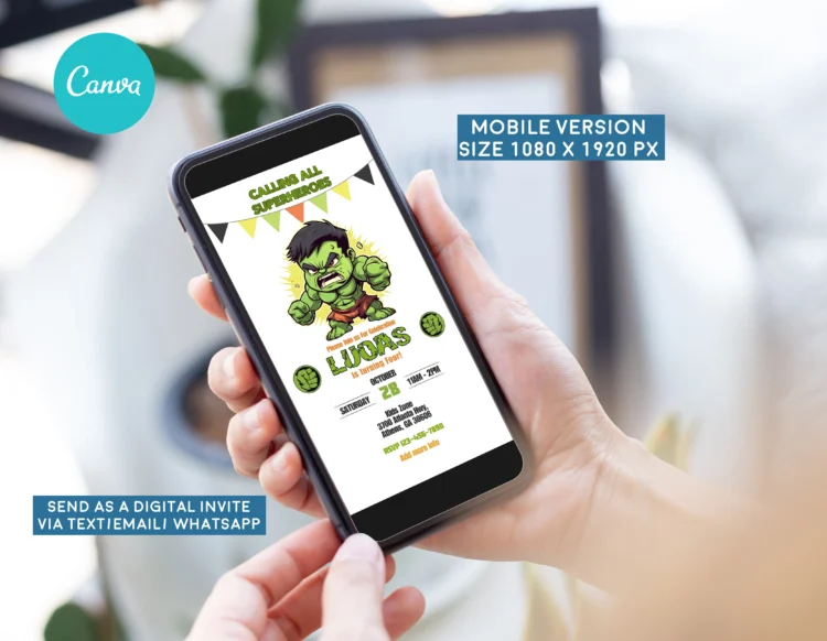Editable Hulk birthday invitation template for boys – green superhero Canva design for kids’ party.