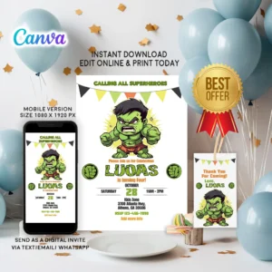 Editable Hulk birthday invitation template for boys – green superhero Canva design for kids’ party.
