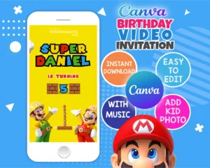 Super Mario animated birthday video invitation – Canva template with Mario and Luigi
