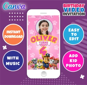 Skye Paw Patrol animated birthday video invitation for girls – editable Canva template.