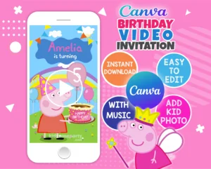 Peppa Pig animated birthday video invitation – editable Canva template for kids’ digital party invites.