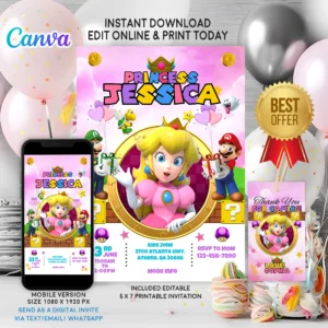 Princess Peach birthday invitation for girls – editable Canva template with pink royal design for Super Mario-themed party.