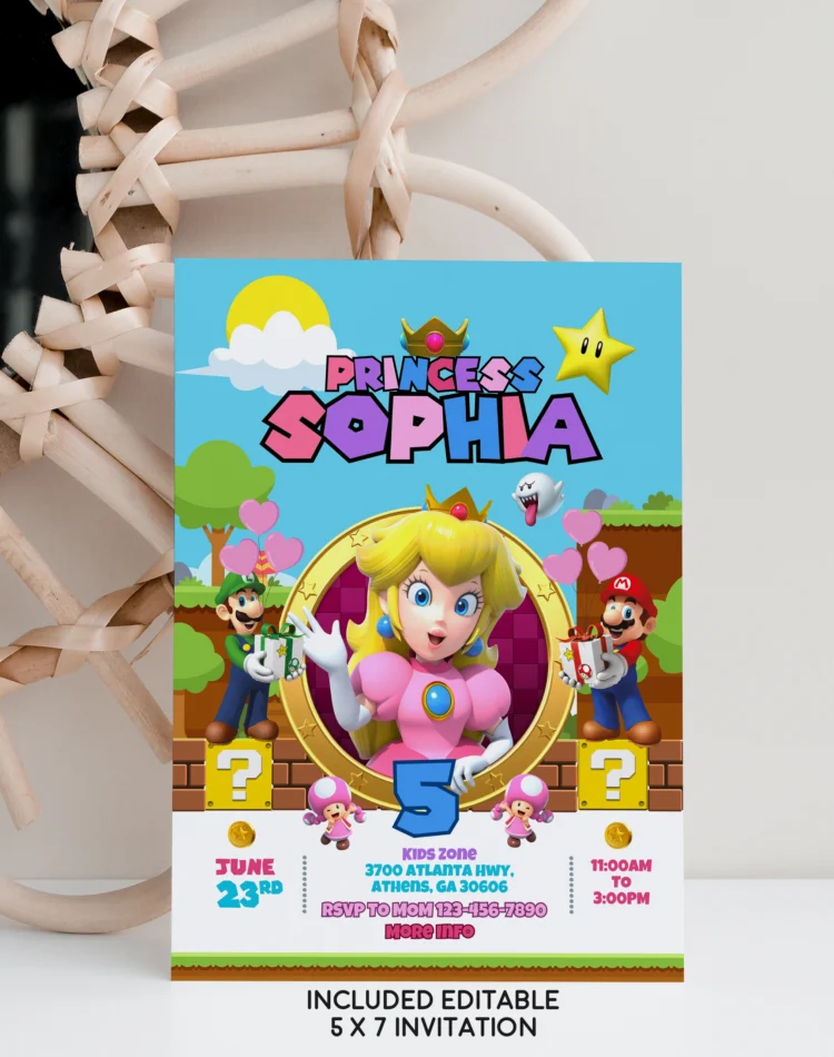 Princess Peach birthday invitation for girls – editable Canva template with pink royal design for Super Mario-themed party.