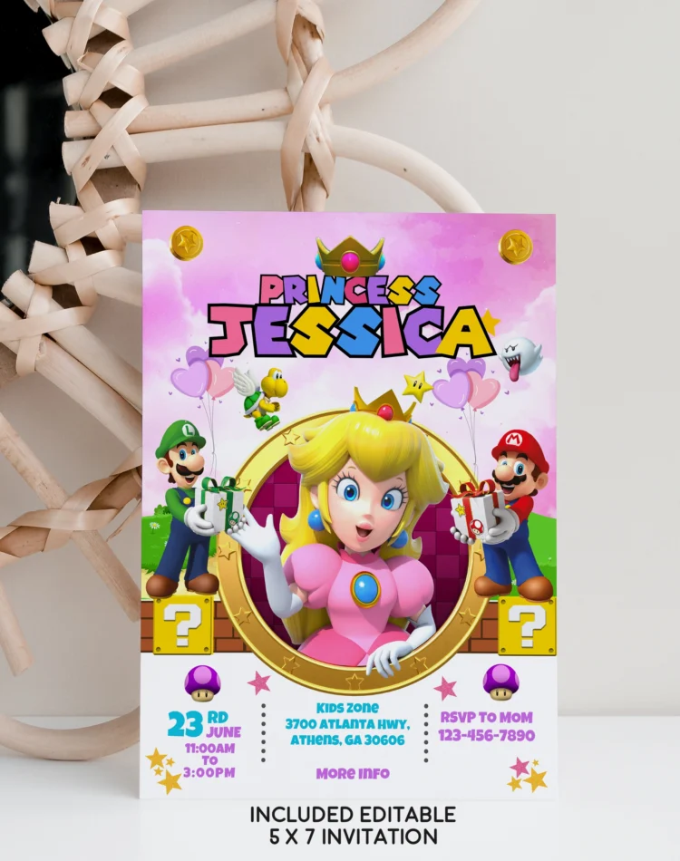 Princess Peach birthday invitation for girls – editable Canva template with pink royal design for Super Mario-themed party.