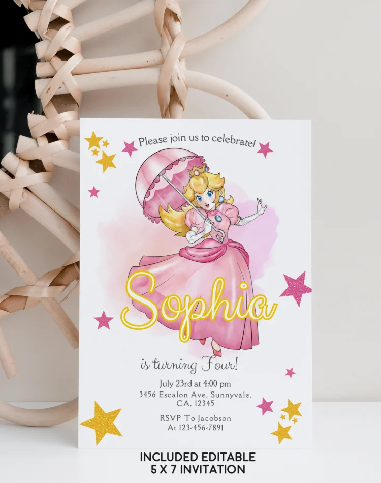 Princess Peach birthday invitation for girls – editable Canva template with pink royal design for Super Mario-themed party.