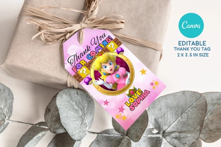 Princess Peach birthday invitation for girls – editable Canva template with pink royal design for Super Mario-themed party.