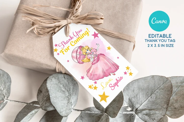 Princess Peach birthday invitation for girls – editable Canva template with pink royal design for Super Mario-themed party.