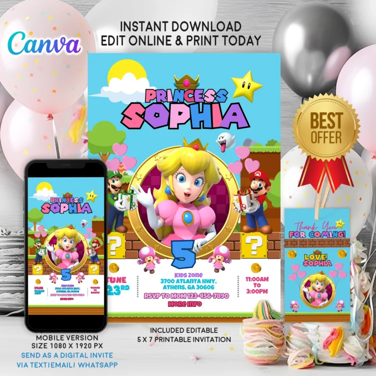 Princess Peach birthday invitation for girls – editable Canva template with pink royal design for Super Mario-themed party.