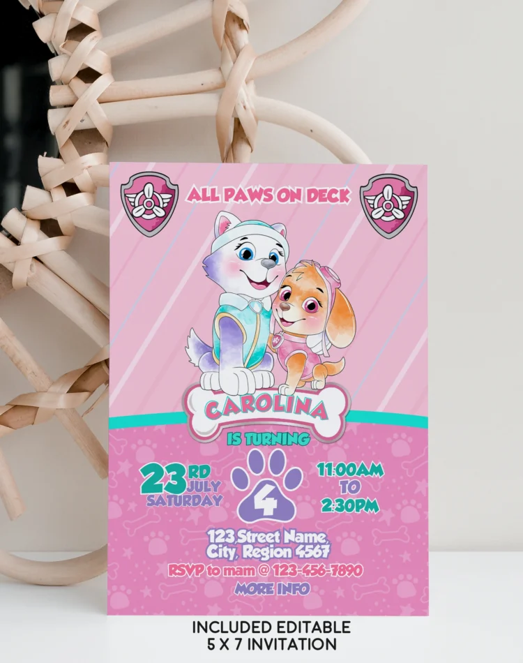 Paw Patrol birthday invitation template for girl with Skye and Everest in pink theme – editable on Canva and ready to download.