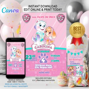 Paw Patrol birthday invitation template for girl with Skye and Everest in pink theme – editable on Canva and ready to download.